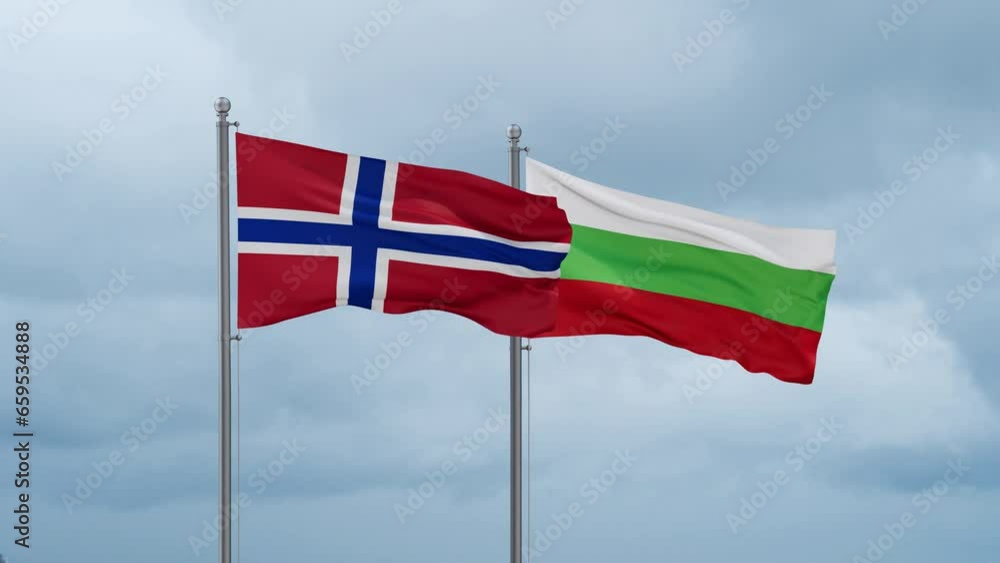 Bulgaria flag and Norway flag waving together on cloudy sky, endless seamless loop, two country relations concept Bulgaria flag and Norway flag waving together on cloudy sky, endless seamless loop, two country relations concept