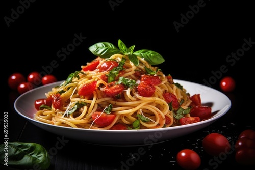 Italian food, macaroni bolognese dish on black background
