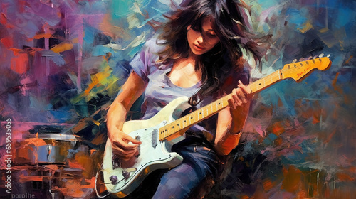 Antique Colorful Liquid Art Watercolor Illustration of Lady Guitarist Playing Guitar on Canvas