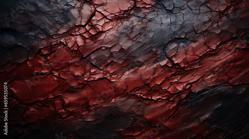 Charred wood bark red texture. Detailed macro close-up view of tree burned scratched cork background. Generative AI