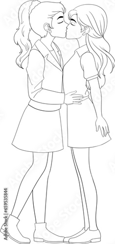 Lesbian couple kissing cartoon doodle isolated