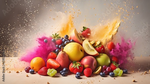  a pile of fruit with a splash of paint on it. generative ai