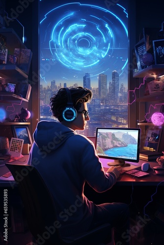 Enthusiastic gamer immersed in a vibrant holographic universe with multiple screens