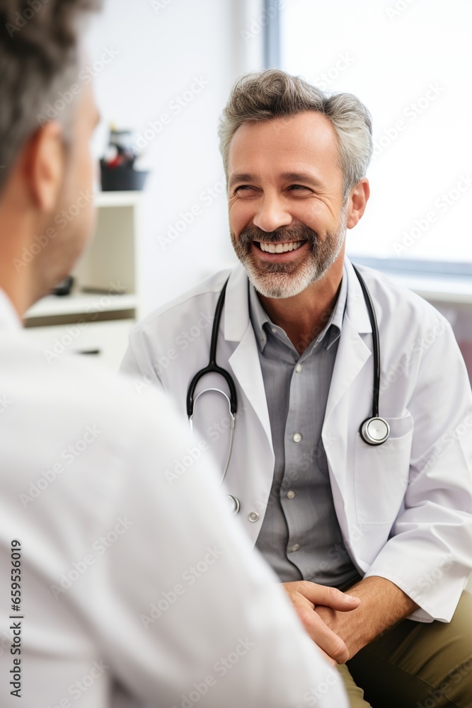 Middle-aged male doctor discussing with colleague in modern clinic. Middle-aged male doctor discussing with colleague in modern clinic.