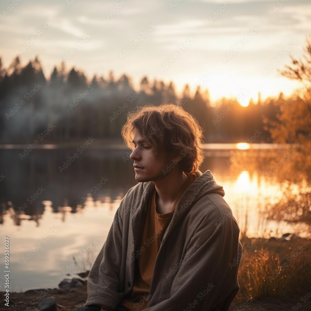 Young man meditating at sunset in nature