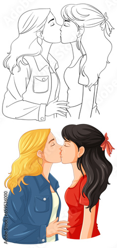 Lesbian couple cartoon kissing doodle outline
