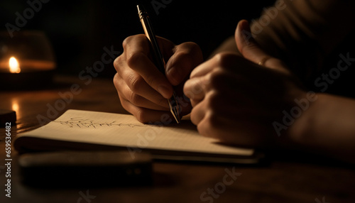 Handwriting men working on paper with pen generated by AI