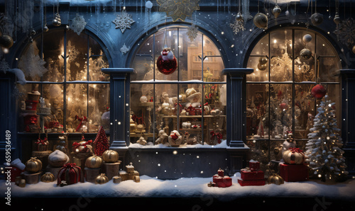 Magical Christmas shop with toys and decorations for Christmas decoration. A Christmas card come to life. AI digital