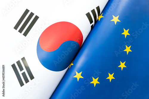 Flags European Union and south korea. concept of international relations between countries. The state of governments.