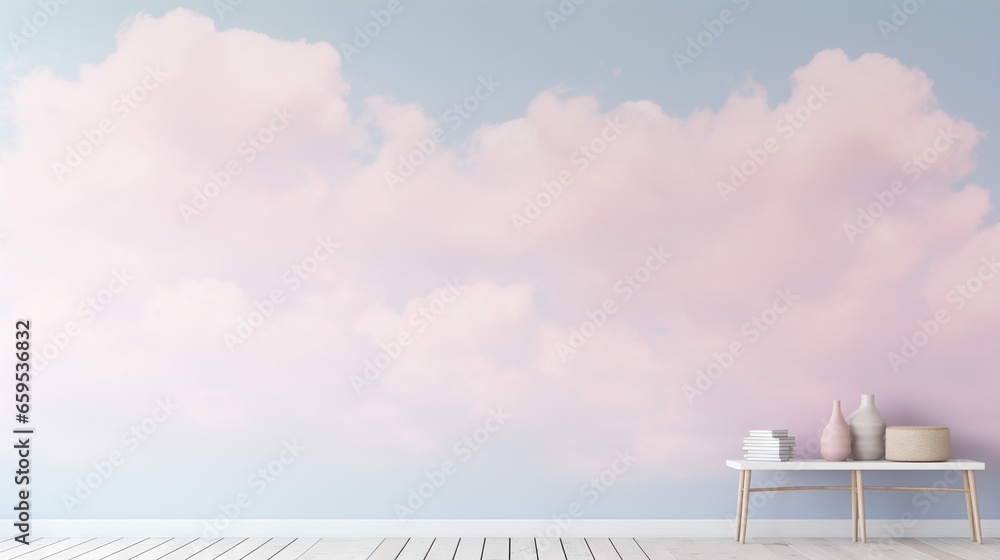 Fototapeta premium a room with a table, vases and a sky background. generative ai
