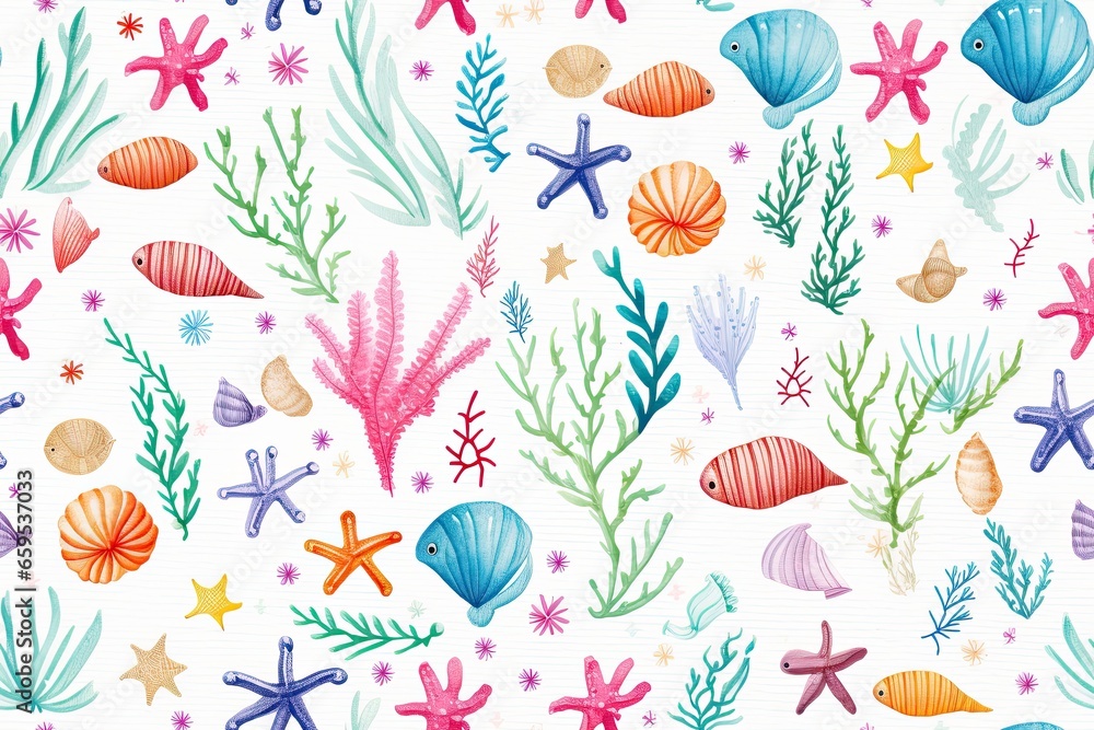 Seamless pattern of sea plants and fish, bright and rich color. Seamless pattern of sea plants and fish, bright and rich color.