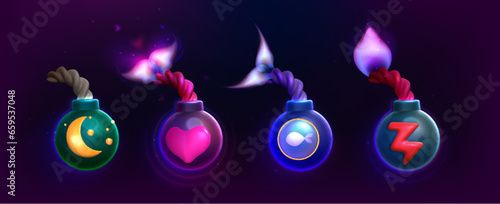 Cartoon round bomb game icons. Explosive weapon, 3d balls with rope wick and flame with heart, moon and electric power dollar sign inside. Graphic elements, user assets or props for ui store design.
