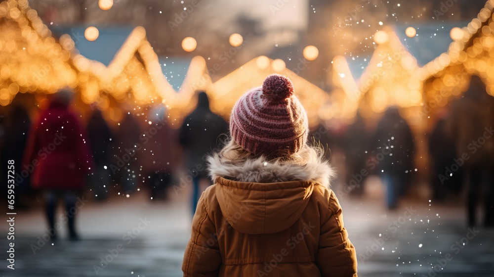 Child standing in a winter and looking to Christmas market. Cute kids with festive background. Traditional seasonal market, adorned with twinkling lights and holiday decorations. Snow and cold. Child standing in a winter and looking to Christmas market. Cute kids with festive background. Traditional seasonal market, adorned with twinkling lights and holiday decorations. Snow and cold.