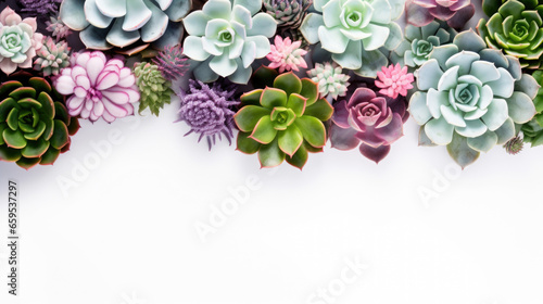 Mix Succulent plants top corner frame arrangement top view on white background photo