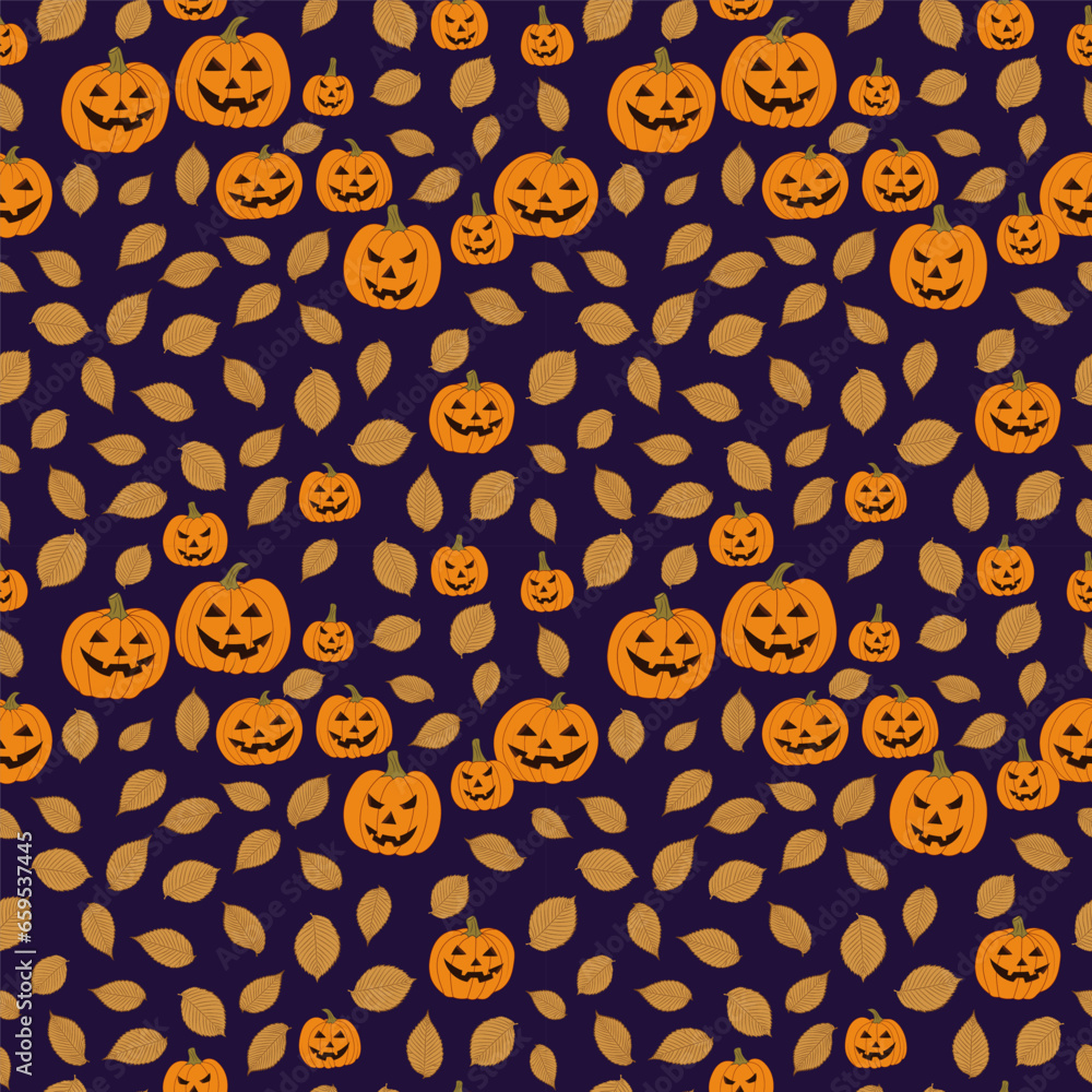 Seamless background with Jack lamps and leaves, Halloween background. 1000x1000 pixels. Vector graphics. Seamless background with Jack lamps and leaves, Halloween background. 1000x1000 pixels. Vector graphics.