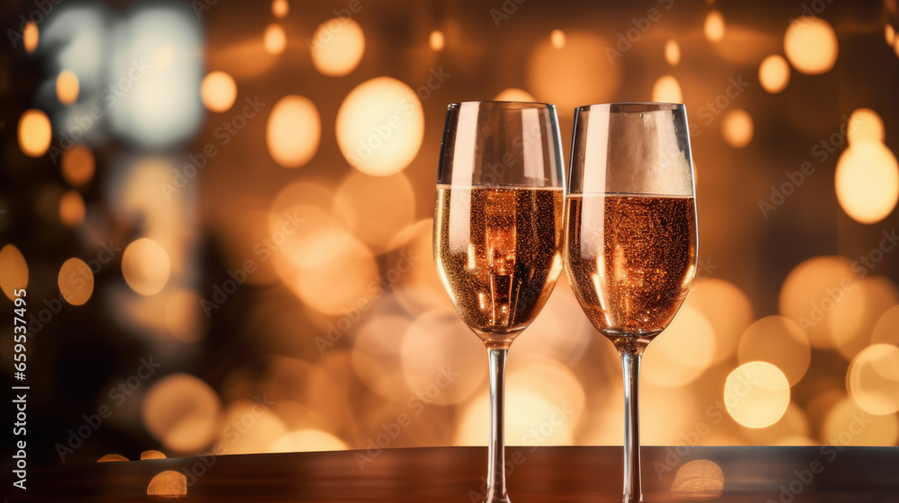 Two glasses of champagne toasting in the nigh with lights bokeh, glitter and sparks on the background Two glasses of champagne toasting in the nigh with lights bokeh, glitter and sparks on the background