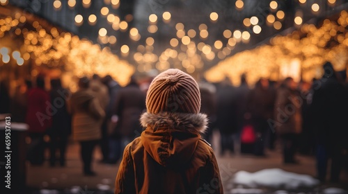 Child standing in a winter and looking to Christmas market. Cute kids with festive background. Traditional seasonal market, adorned with twinkling lights and holiday decorations. Snow and cold.
