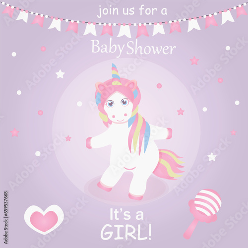 Set of baby shower invitations with cartoon character, rattle, unicorn and dinosaur. This is a girl. Vector illustration, EPS 10. © Liliy