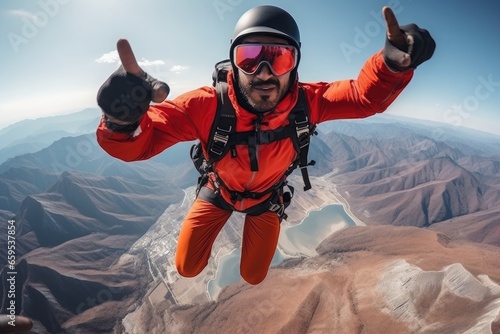 self portrait of base jumper in flight from the air with a drone, base jumper, wind suit