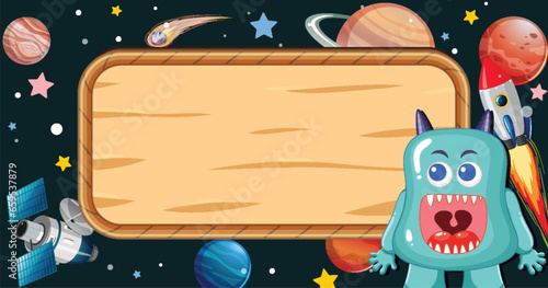 Alien Monster on Wooden Border Frame in Outer Space