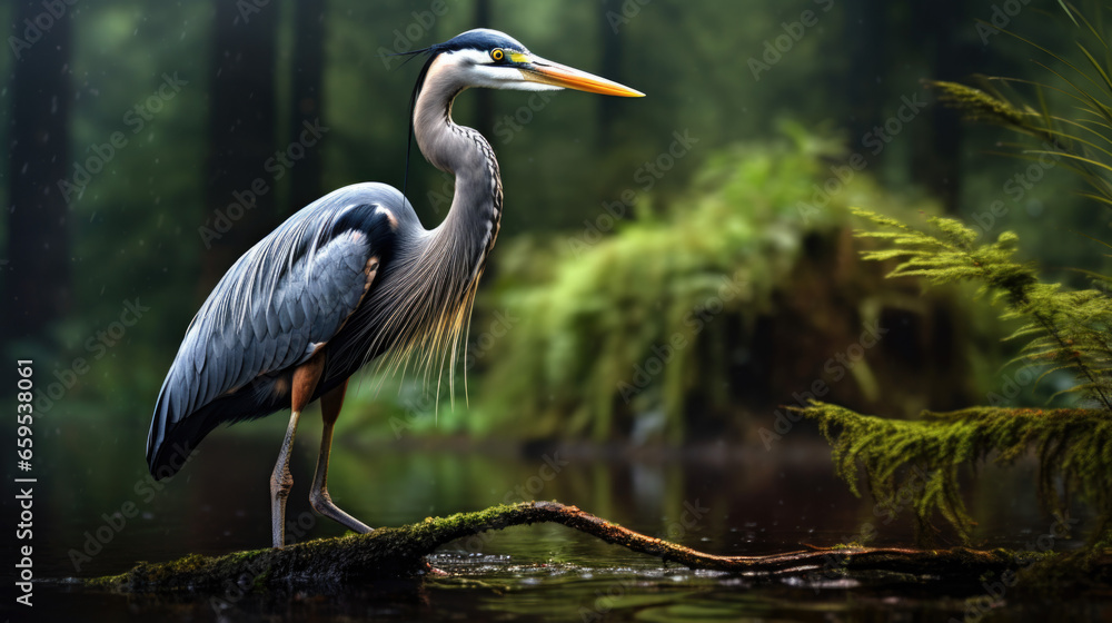 The grey heron is a long-legged predatory wading bird of the heron family, Ardeidae, native throughout temperate Europe and Asia and also parts of Africa. - obrazy, fototapety, plakaty 