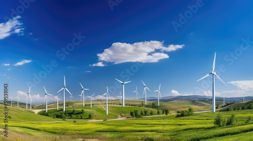 tall modern wind power plants stand along the road, landscape, network, alternative energy source, green, clean, renewable, electricity, natural, eco-friendly, sky, space for text