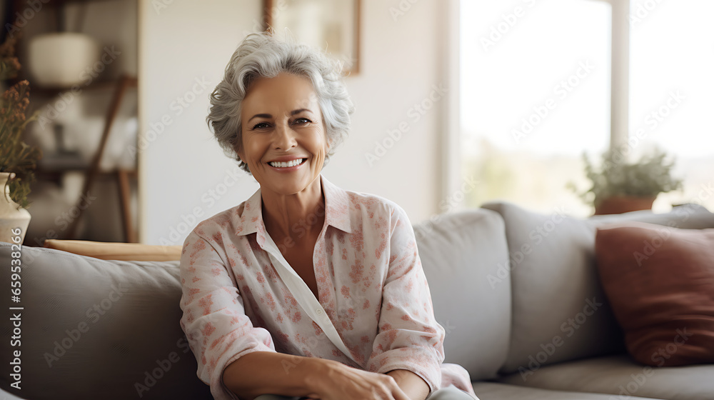 Smiling middle aged woman sitting on sofa at home, single mature senior in living room