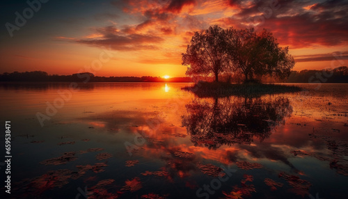 Vibrant sunset reflects on tranquil water surface generated by AI