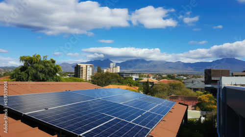 solar panels on the roof of a residential private building, alternative energy source, electricity, sun, autonomous house, eco-friendly, green, clean power, modern technology