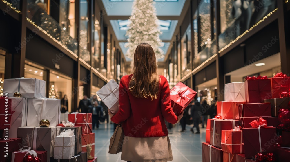 Stylish woman standing confidently with a large pile of wrapped presents. Christmas shopping madness with large amount of purchases and winter retail rush. Season offers and sale. Christmas red outfit - obrazy, fototapety, plakaty 