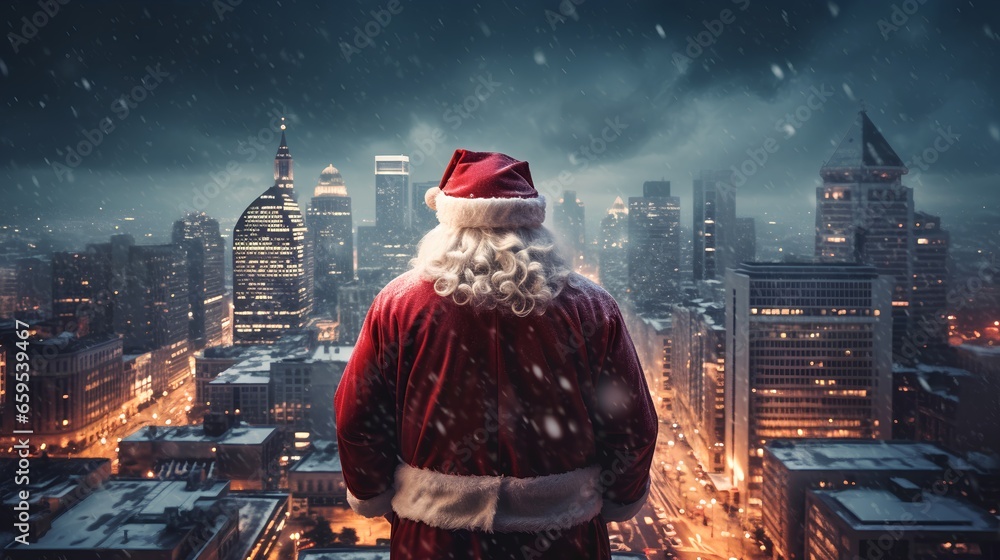 Obraz premium Santa Claus standing on a high roof and looking to urban city. Christmas vibe and winter snow. The city lights twinkle for magical holiday atmosphere. Season greetings with cityscape in night.