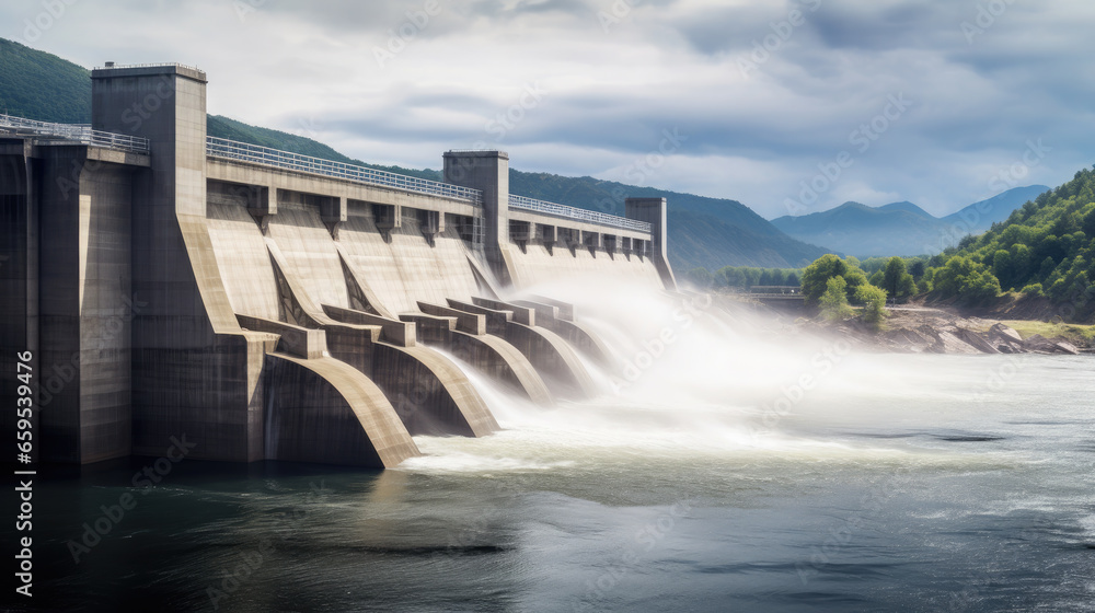 modern large hydroelectric power station on the river, bird's eye view from above, alternative renewable energy source, safe, electricity, eco-friendly, natural resource, water flow, stream, blue sky