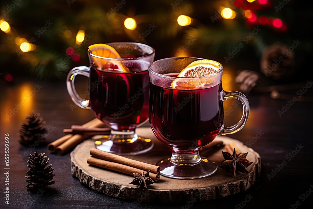 Mulled wine, richly colored red wine brewed with spices. On a Christmas background. Mulled wine, richly colored red wine brewed with spices. On a Christmas background.