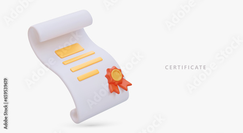 Certificate on white paper scroll with seal. 3D illustration in cartoon style. Document about education, diploma, right to work. Color vector object for site, app