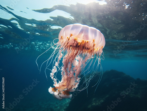 Ethereal jellyfish gracefully swimming in the deep blue ocean waters with serene elegance. © Szalai