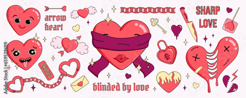 Set of cute and funny cartoon hearts characters and romantic symbols in trendy y2k retro aesthetic. Big sticker set for Valentine's Day. Vector illustration.