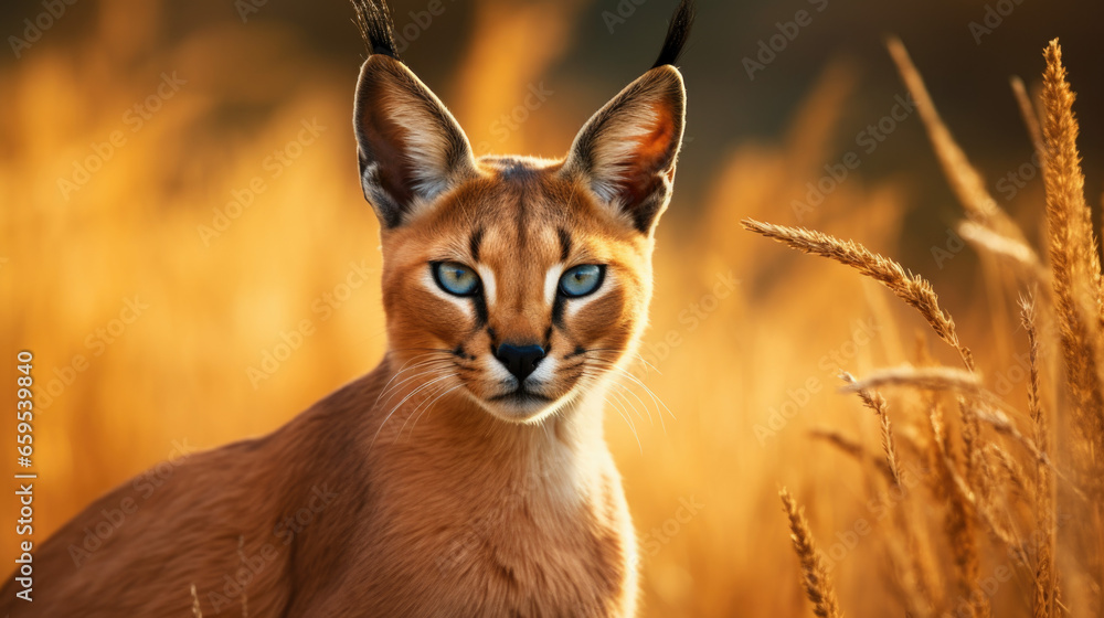 Detail of caracal head with attentive look Detail of caracal head with attentive look