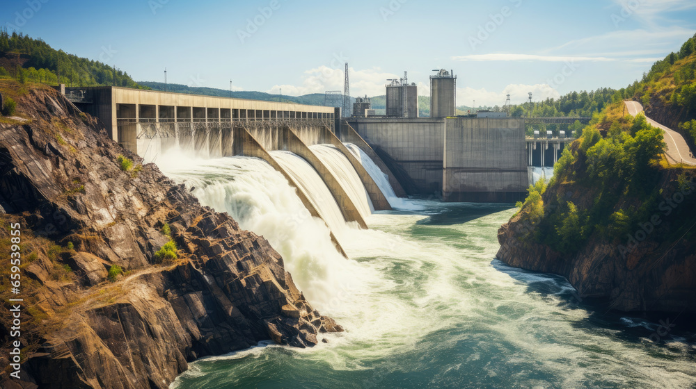 modern large hydroelectric power station on the river, bird's eye view from above, alternative renewable energy source, safe, electricity, eco-friendly, natural resource, water flow, stream, blue sky modern large hydroelectric power station on the river, bird's eye view from above, alternative renewable energy source, safe, electricity, eco-friendly, natural resource, water flow, stream, blue sky