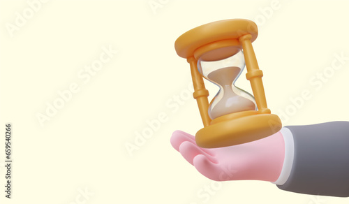Realistic hand holding hourglass. Statute of limitations for consideration of case. Reminder to complete important matter on time. Warning about extension of submission of documents