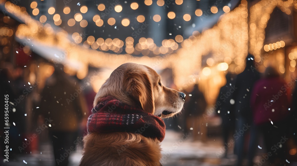 Lonely dog with scarf standing and looking to vibrant Christmas market. Winter season with frosty cold charm and festive atmosphere. Beautiful vibe with pet in urban market. Season greetings from pets - obrazy, fototapety, plakaty 