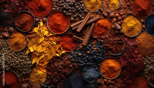 Photo of a variety of spices displayed on a table © Anna