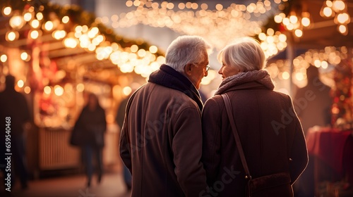 Cute elderly couple, standing hand in hand in Christmas market. Happy lifelong old love for each other. Winter season with Christmas decorations and lights adding a festive touch to the scene.