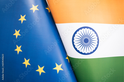 India and European Union relations concept with diagonally merged flags