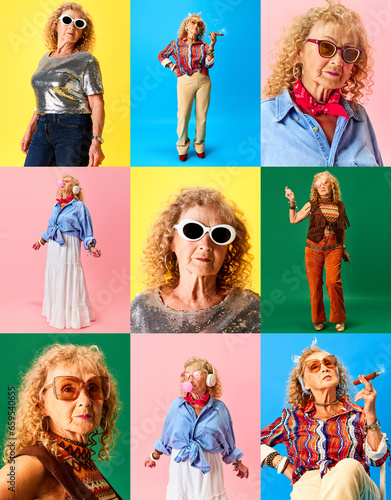 Collage made of portraits of beautiful senior woman warning different stylish clothes against multicolored background. Concept of human emotions, fashion, elderly people, lifestyle, creativity. Ad © master1305