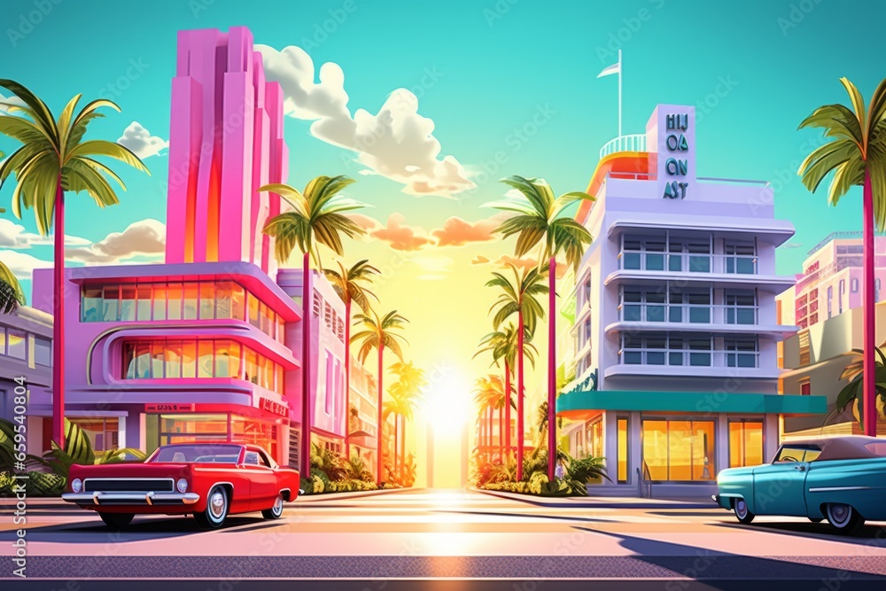Fototapeta premium vibrant miami-inspired pop art cityscape with hyper details, Generative AI
