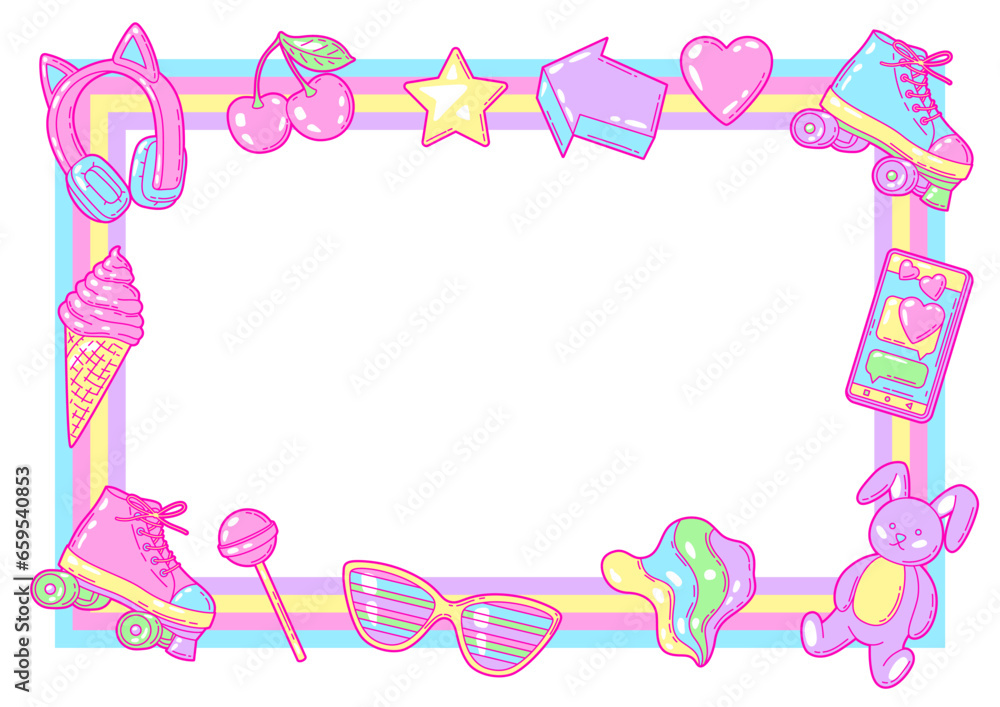 Frame with fashion girlish items. Colorful cute teenage illustration.