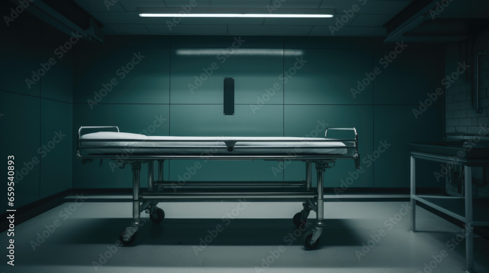 Empty metal bed in autopsy room. The table for dead body. Forensic doctor - obrazy, fototapety, plakaty 