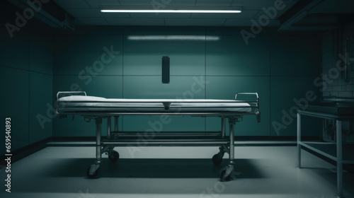 Empty metal bed in autopsy room. The table for dead body. Forensic doctor photo