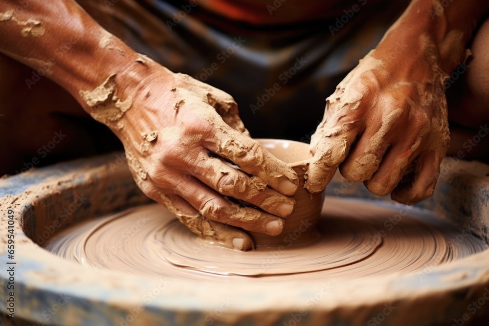 detailed shot of clay being sculpted on a potters wheel