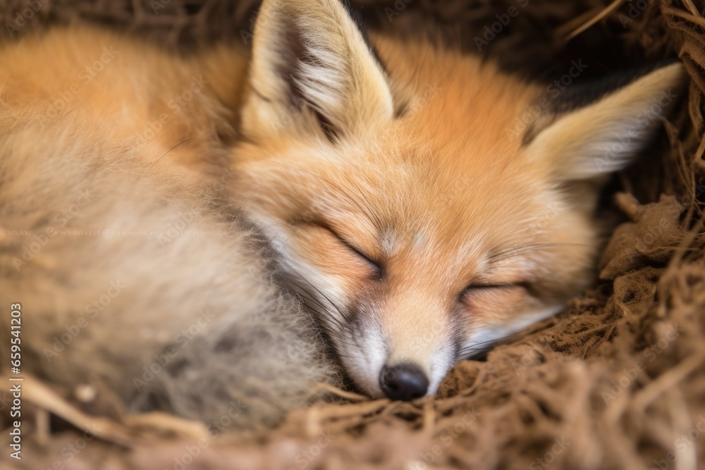 Fototapeta premium overhead view of a baby false fox sleeping next to its mother